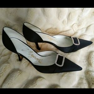 Black Satin Rhinestone Buckle Heels